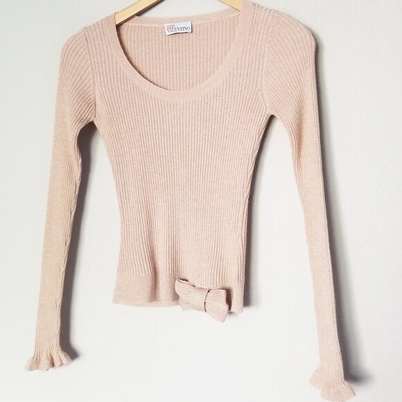 RED Valentino Champagne Rose Gold Lurex Rib Knit Bow Ruffle Fitted Sweater Wool - Picture 7 of 16
